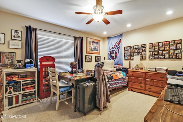 interior space featuring recessed lighting and a ceiling fan