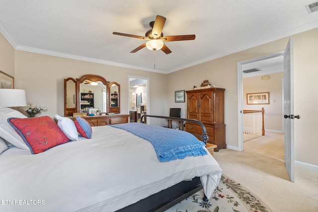 bedroom with light carpet, ornamental molding, a textured ceiling, baseboards, and ceiling fan