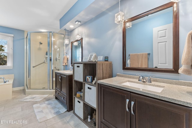 full bath featuring tile patterned floors, visible vents, a shower stall, a bath, and vanity