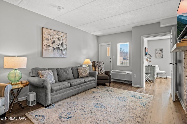 living area with wood finished floors, baseboards, and a textured ceiling