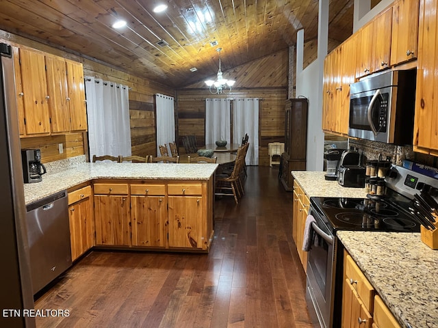 kitchen featuring a chandelier, wooden walls, appliances with stainless steel finishes, and wood ceiling