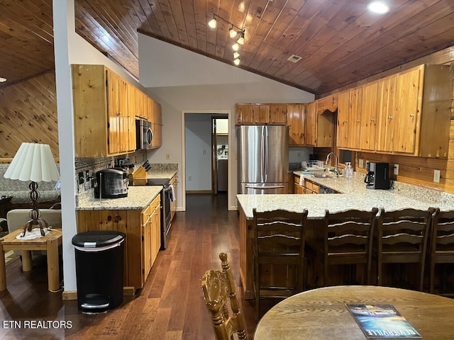 kitchen with dark wood finished floors, a peninsula, stainless steel appliances, vaulted ceiling, and wooden ceiling