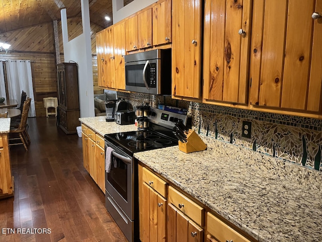 kitchen featuring backsplash, appliances with stainless steel finishes, wooden ceiling, brown cabinetry, and dark wood-style flooring