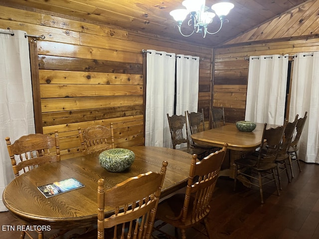 dining room with a chandelier, wood walls, vaulted ceiling, wooden ceiling, and wood finished floors