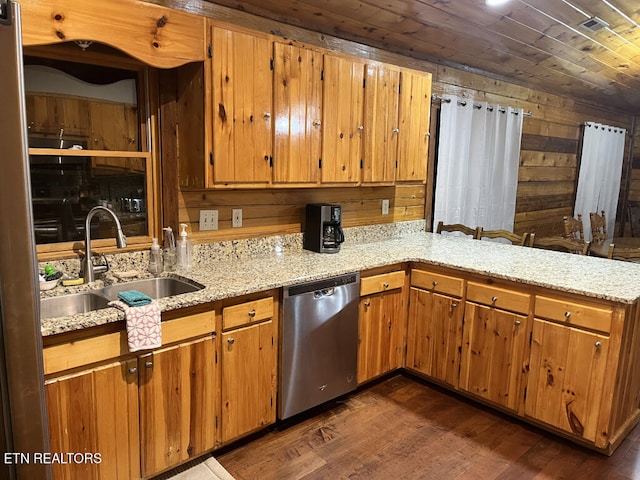 kitchen with a sink, stainless steel dishwasher, dark wood-style floors, wooden walls, and wooden ceiling