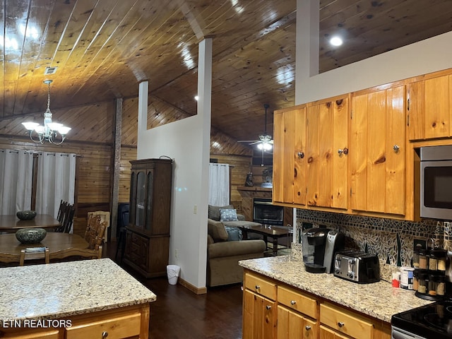 kitchen with stainless steel microwave, backsplash, wood ceiling, lofted ceiling, and dark wood-style flooring