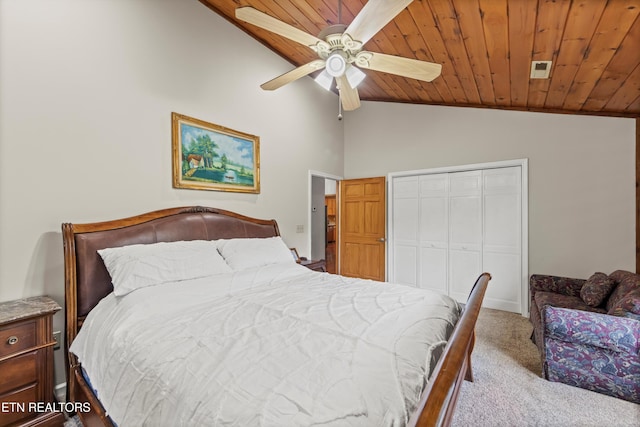 3725 Island View Rd, Sevierville, TN 37876 - bedroom with a closet, wooden ceiling, vaulted ceiling, carpet floors, and a ceiling fan