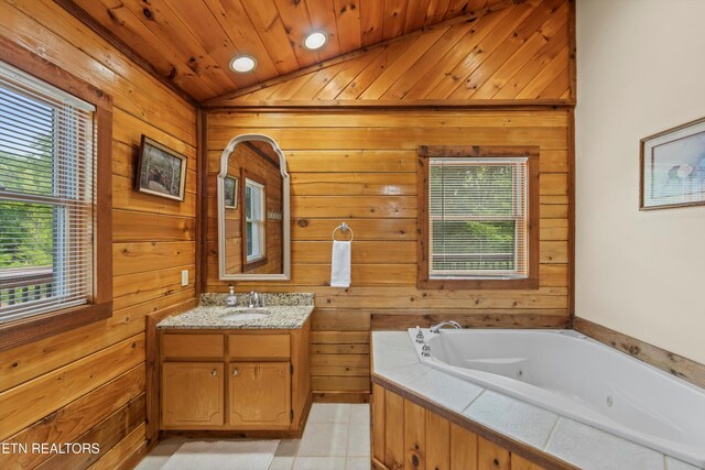 3725 Island View Rd, Sevierville, TN 37876 - full bathroom with wood walls, lofted ceiling, a tub with jets, vanity, and tile patterned flooring