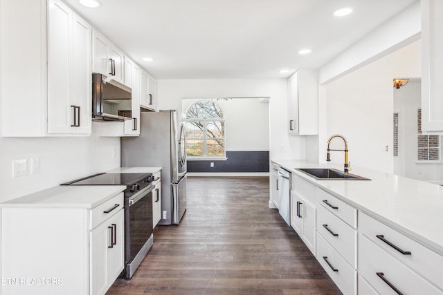 kitchen featuring light countertops, dark wood-style floors, white cabinets, stainless steel appliances, and a sink