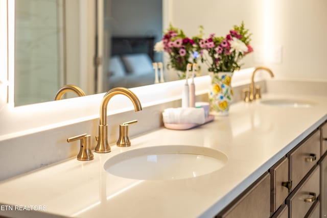 interior details with double vanity and a sink