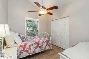 8836 Nubbin Ridge Rd, Knoxville, TN 37923 - bedroom featuring light wood-style flooring, a ceiling fan, and lofted ceiling