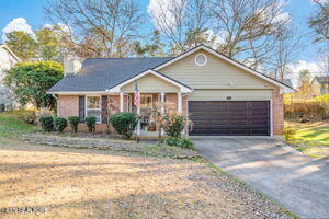 8836 Nubbin Ridge Rd, Knoxville, TN 37923 - ranch-style home with a chimney, a garage, and concrete driveway