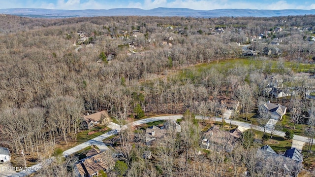 drone / aerial view featuring a forest view and a mountain view