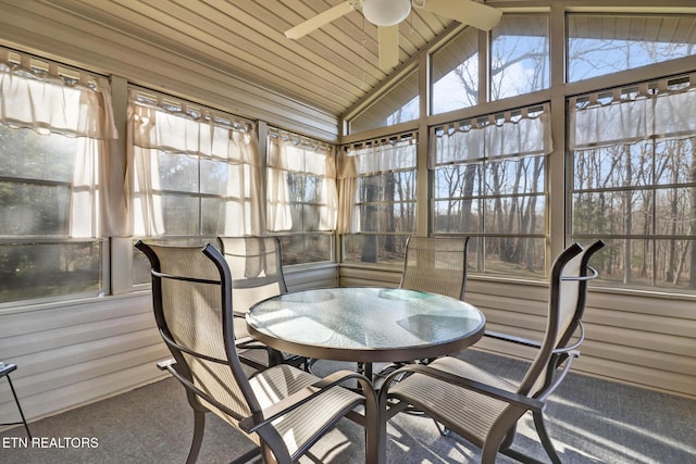 sunroom / solarium featuring wood ceiling, ceiling fan, and vaulted ceiling