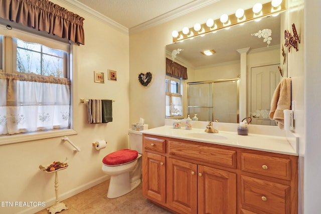 bathroom with vanity, a healthy amount of sunlight, a stall shower, and crown molding