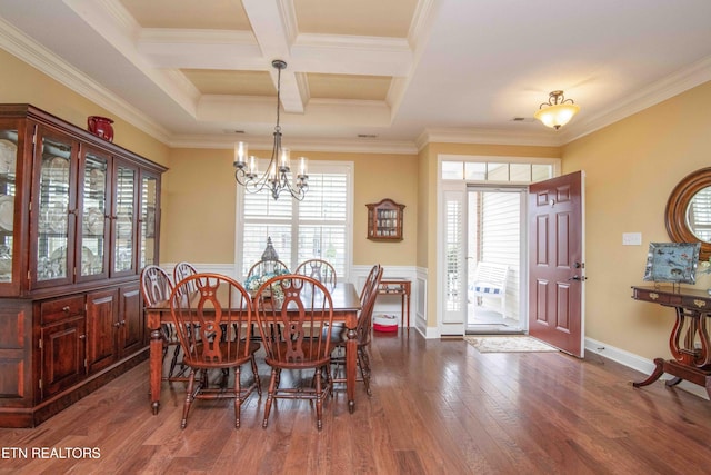 dining area with wood finished floors, baseboards, coffered ceiling, an inviting chandelier, and crown molding