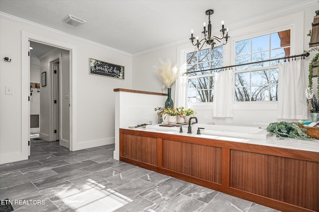 bathroom with baseboards, visible vents, ornamental molding, a bath, and a chandelier