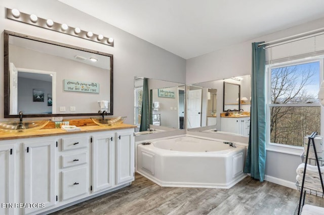 bathroom featuring double vanity, wood finished floors, a garden tub, and a sink