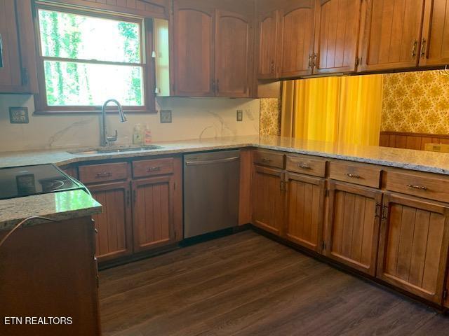 kitchen with stainless steel dishwasher, dark wood-type flooring, decorative backsplash, and a sink