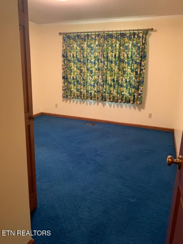 carpeted empty room featuring a textured ceiling and baseboards