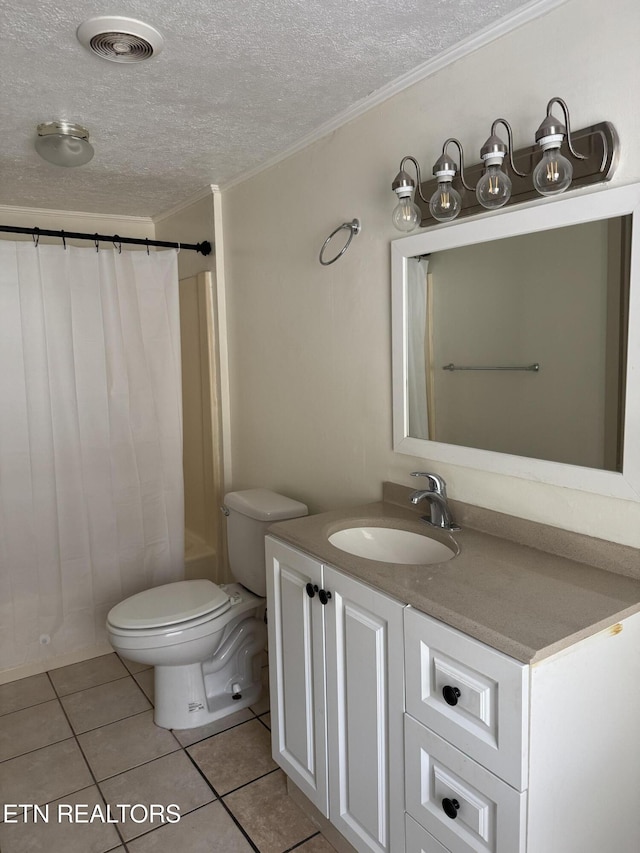 full bathroom featuring tile patterned floors, toilet, visible vents, and a textured ceiling