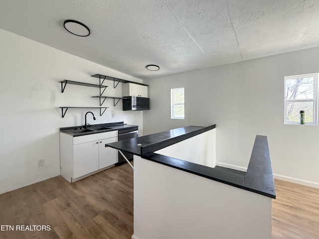 kitchen featuring a wealth of natural light, a sink, light wood-style flooring, stainless steel microwave, and black dishwasher