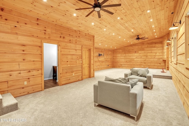 living area featuring recessed lighting, wood walls, wooden ceiling, and a ceiling fan