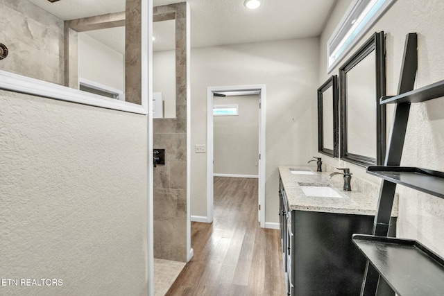full bathroom with double vanity, wood finished floors, baseboards, and a sink