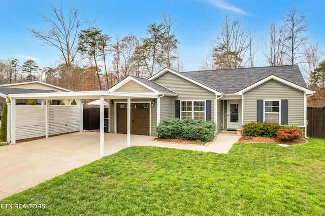 single story home featuring an attached carport, fence, a front yard, a garage, and driveway