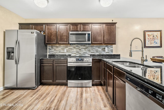 kitchen featuring dark stone countertops, light wood-style flooring, a sink, dark brown cabinets, and appliances with stainless steel finishes