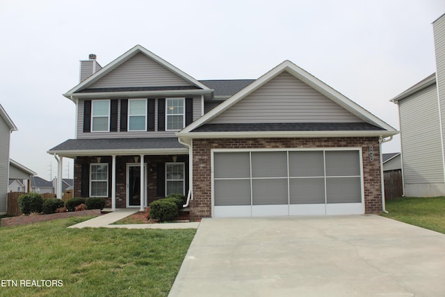 view of front of home featuring an attached garage, a chimney, a front lawn, concrete driveway, and brick siding