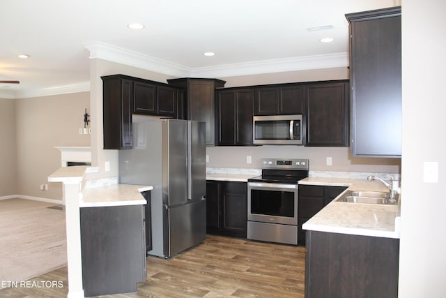 kitchen with a sink, appliances with stainless steel finishes, crown molding, light wood finished floors, and dark brown cabinets