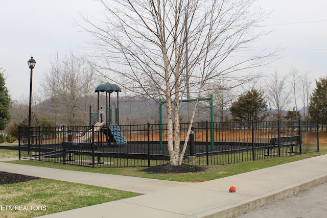 community jungle gym with fence