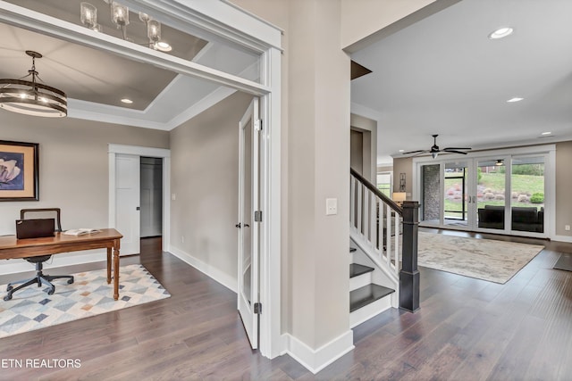 office space featuring a ceiling fan, recessed lighting, wood finished floors, and baseboards