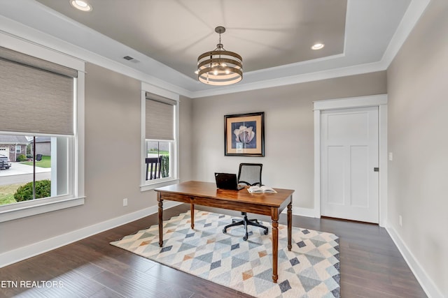 office space with dark wood finished floors, a tray ceiling, a healthy amount of sunlight, and baseboards