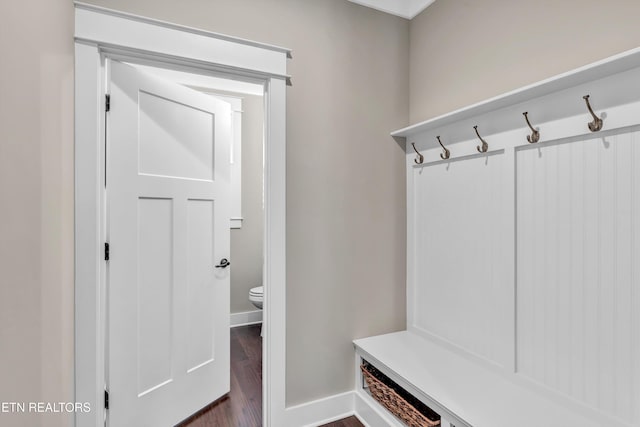 mudroom featuring baseboards and dark wood-style flooring