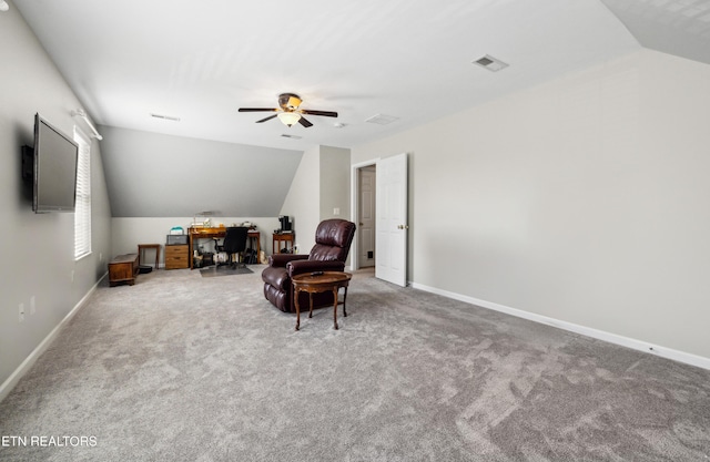 5633 Eagle Crest Ln, Knoxville, TN 37921 - sitting room with visible vents, carpet floors, vaulted ceiling, and ceiling fan