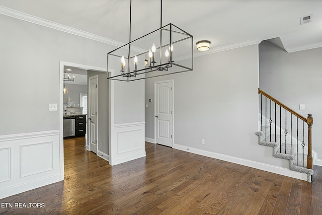 unfurnished dining area featuring visible vents, ornamental molding, dark wood-style floors, an inviting chandelier, and stairs