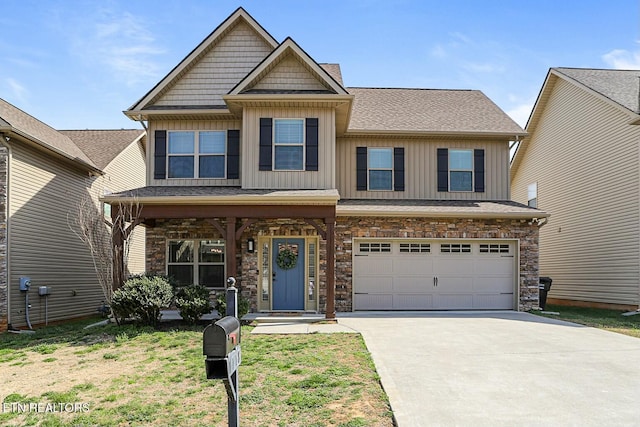 craftsman house featuring board and batten siding, concrete driveway, roof with shingles, stone siding, and an attached garage