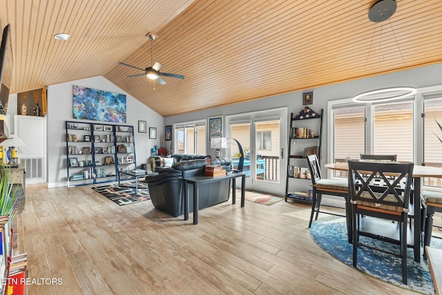 living area with high vaulted ceiling, light wood-style floors, visible vents, and ceiling fan