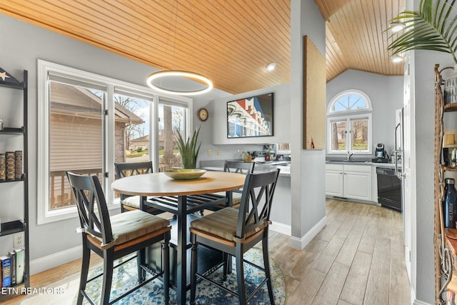 dining space featuring baseboards, lofted ceiling, wood ceiling, and light wood-style flooring