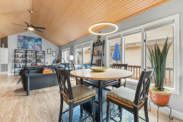 dining area featuring light wood-style floors, wooden ceiling, a ceiling fan, and vaulted ceiling