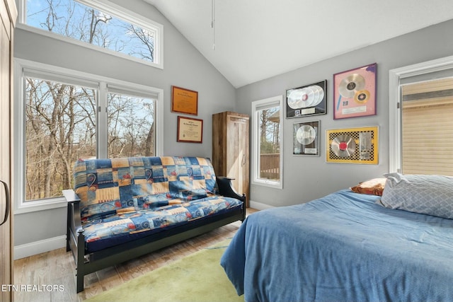 bedroom with wood finished floors, baseboards, and high vaulted ceiling