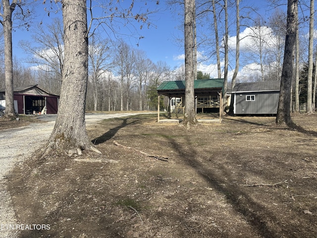 view of yard featuring an outbuilding, driveway, and a storage shed