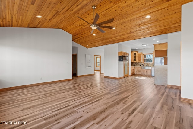 285 Redwood Dr, Dandridge, TN 37725 - unfurnished living room with vaulted ceiling, ceiling fan, wooden ceiling, light wood finished floors, and recessed lighting