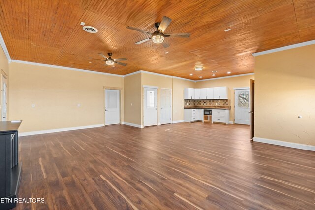 285 Redwood Dr, Dandridge, TN 37725 - unfurnished living room with ornamental molding, ceiling fan, dark wood finished floors, and wooden ceiling