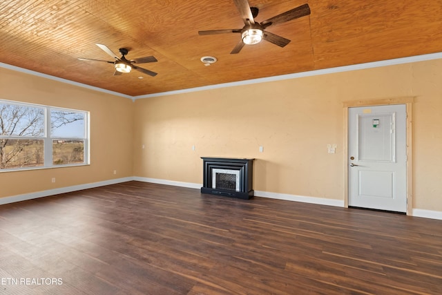 285 Redwood Dr, Dandridge, TN 37725 - unfurnished living room with ceiling fan, a fireplace with raised hearth, wood finished floors, wood ceiling, and crown molding