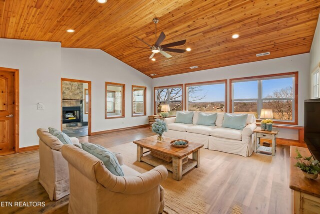 285 Redwood Dr, Dandridge, TN 37725 - living room featuring wooden ceiling, ceiling fan, plenty of natural light, wood finished floors, and recessed lighting