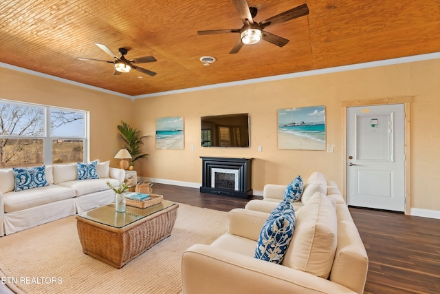 285 Redwood Dr, Dandridge, TN 37725 - living room featuring wood ceiling, wood finished floors, a ceiling fan, ornamental molding, and a fireplace with raised hearth