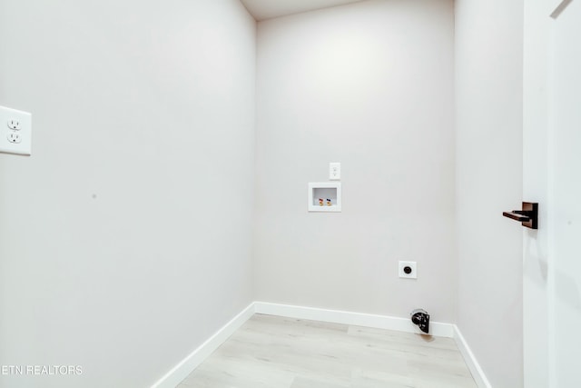 laundry room featuring light wood-type flooring, washer hookup, baseboards, hookup for an electric dryer, and laundry area